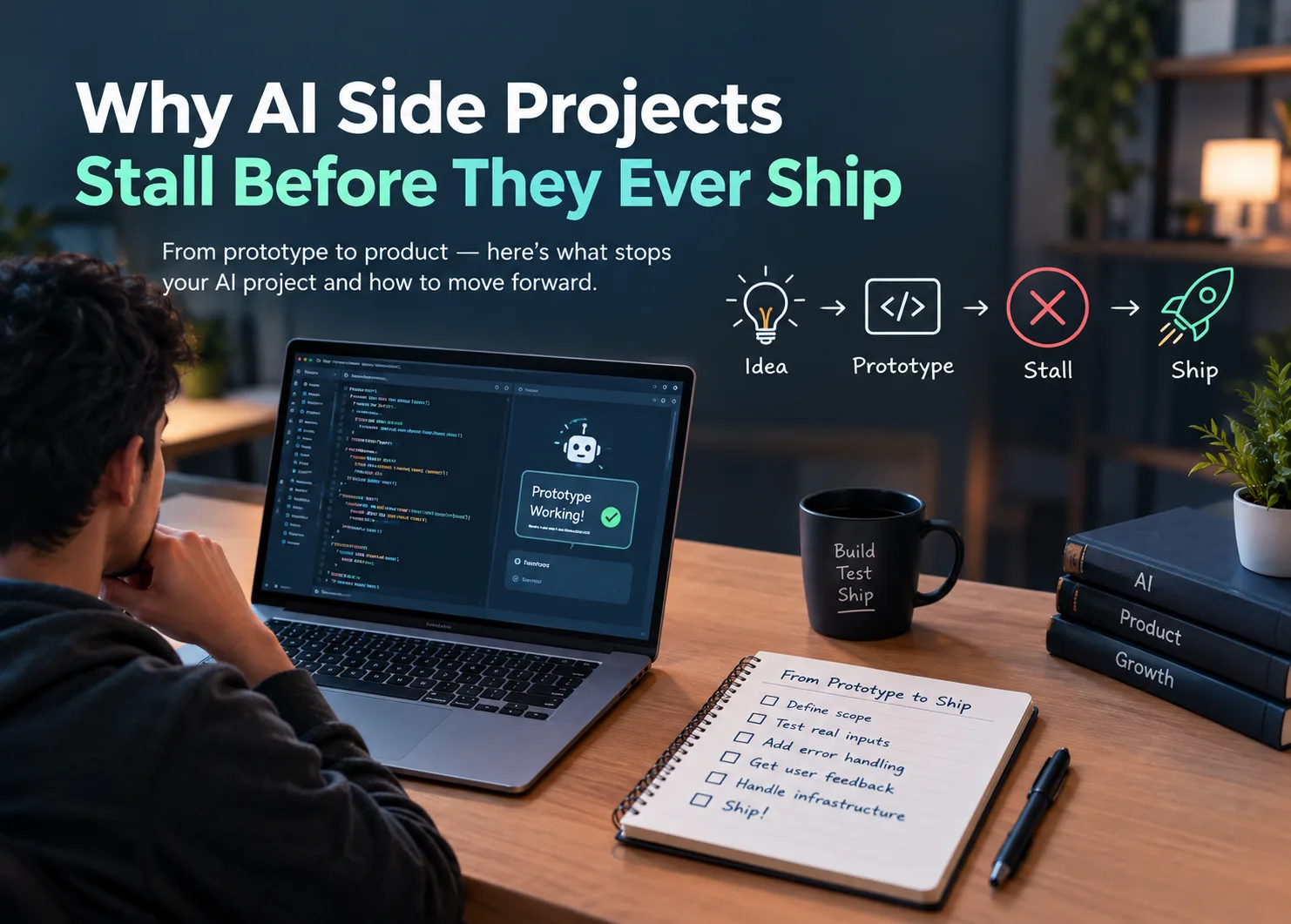 AI side project banner showing a developer working on a laptop, prototype workflow, testing checklist, and progression from idea to prototype, stall, and shipping, illustrating the challenges of turning AI prototypes into finished products and usable solutions.